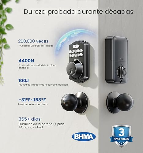 Miniatura 5 de Veise Cerradura de puerta de entrada sin llave con 2 perillas, cerrojo electrónico retroiluminado con asa, bloqueo automático, códigos únicos