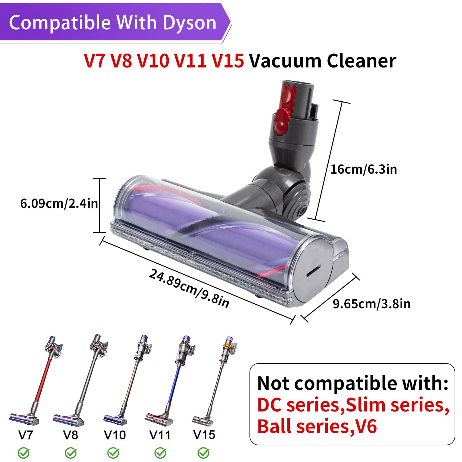 Spazzola Motorizzata Azionamento Diretto Compatibile con Dyson V7 V8 V10 V11 V15, Adatto per tappeti e Pavimenti duri Pezzo di Ricambio 967483-04