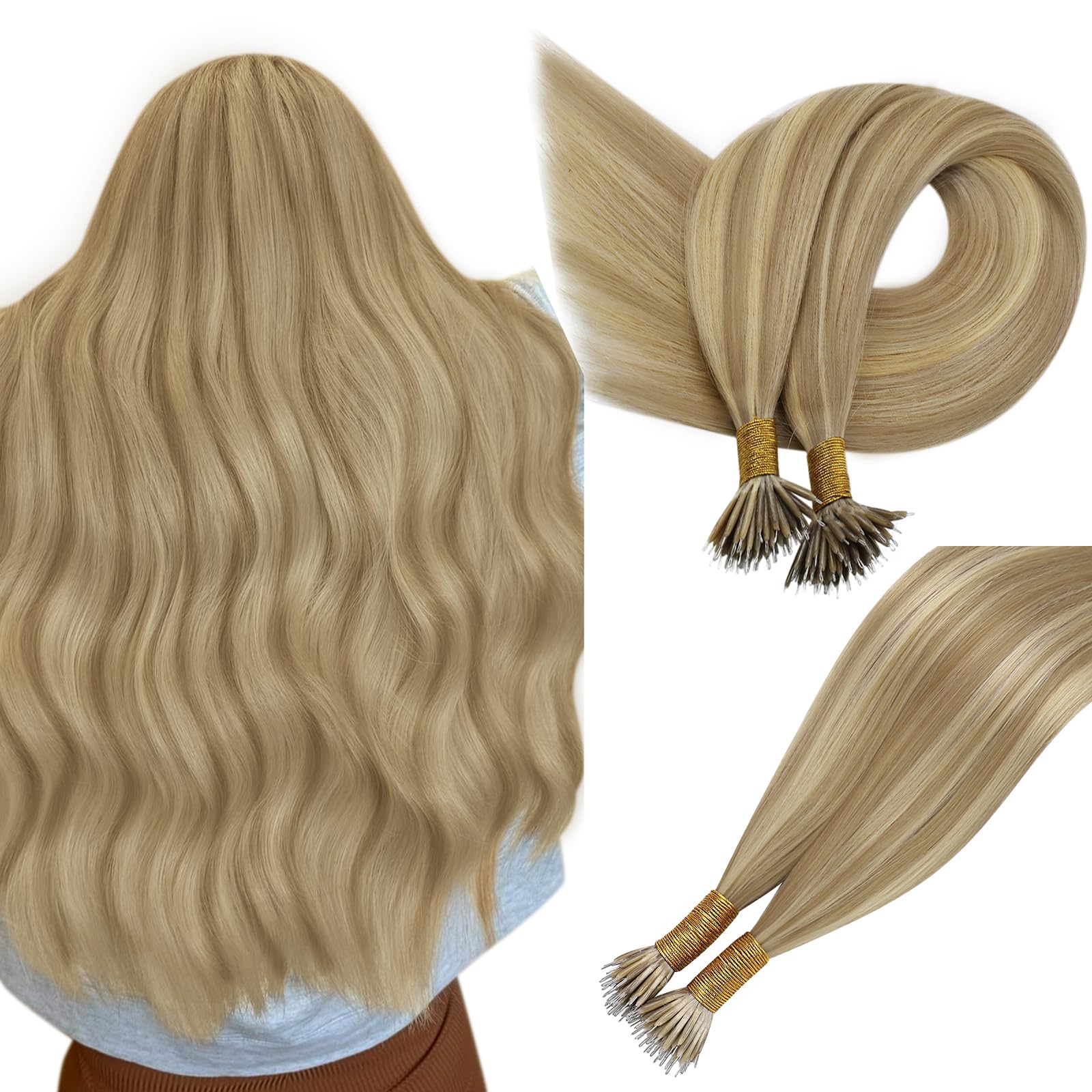 Easyouth Nano Extensions Human Hair Blonde Nanos Ring Hair Extensions Golden Blonde Highlighted Medium Brown Nano Beads Extension Glamorous Hair 16 Inch 50g/50s