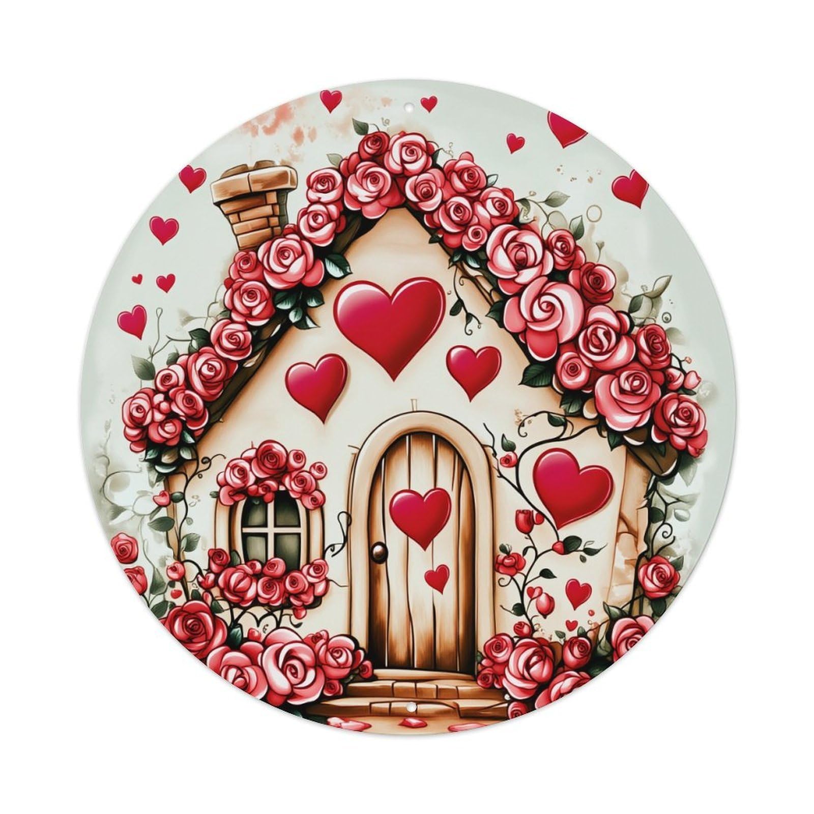 Heart Rose Cottage Door Window Round Tin Sign Vintage Metal Poster, Home Bar Garage Man Cave Cafe Indoor & Outdoor Wall Decoration 8x8Inches