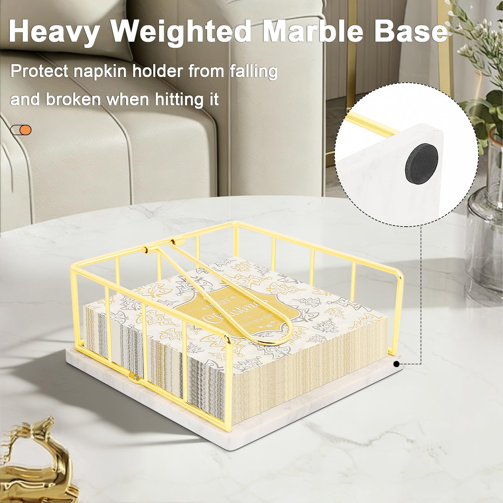 Livabber Servilletero plano con base de mármol, servilletero de cocina de metal con brazo de tensión pesado, dispensador de papel de seda rústico para encimera, mesa, cocina, comedor (dorado)