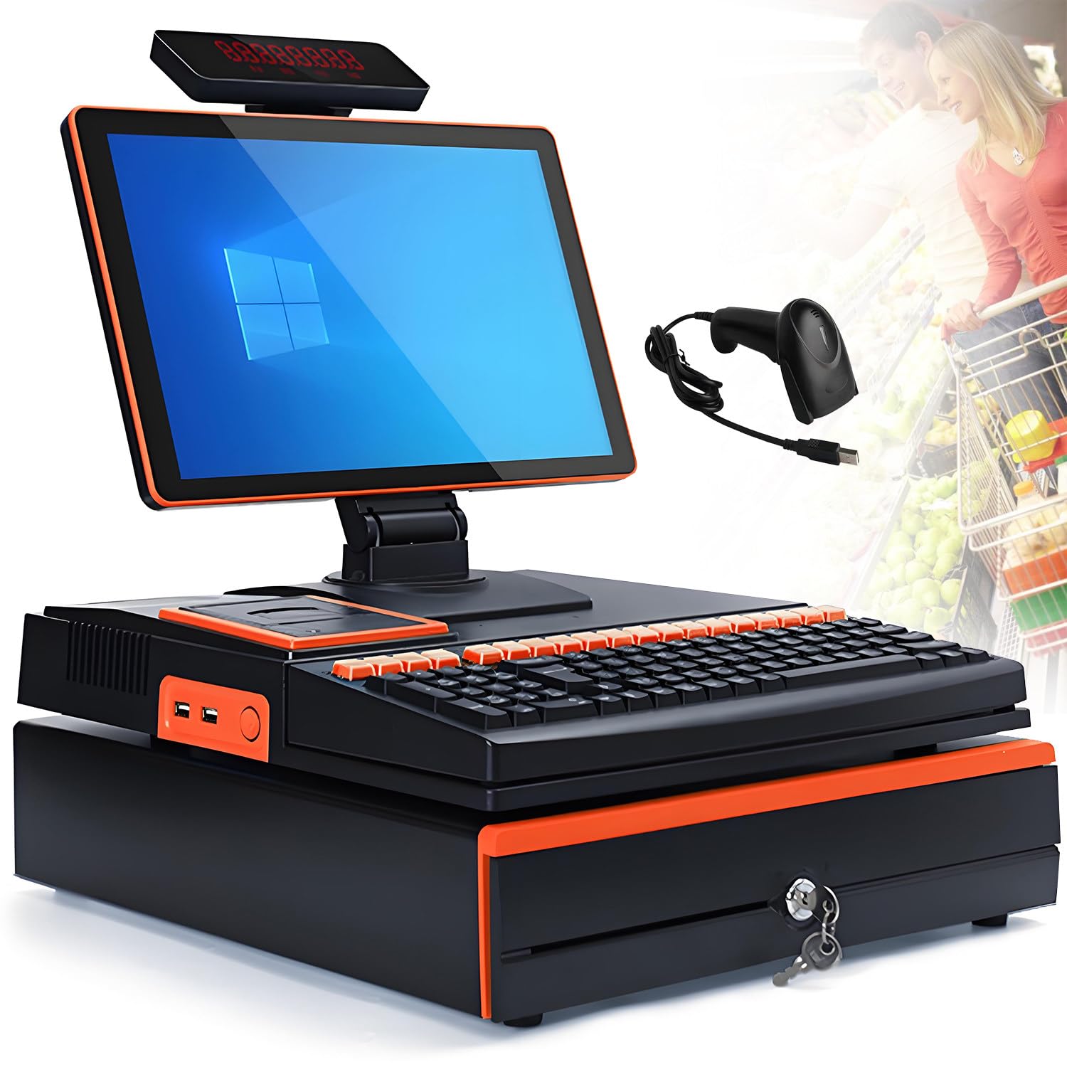 Caja registradora electrónica, Pantalla táctil LED de 15,6", Terminal de Punto de Venta con escáner portátil, Teclado de 101 Teclas, Impresora térmica de 58 mm Orange-SingleScreen