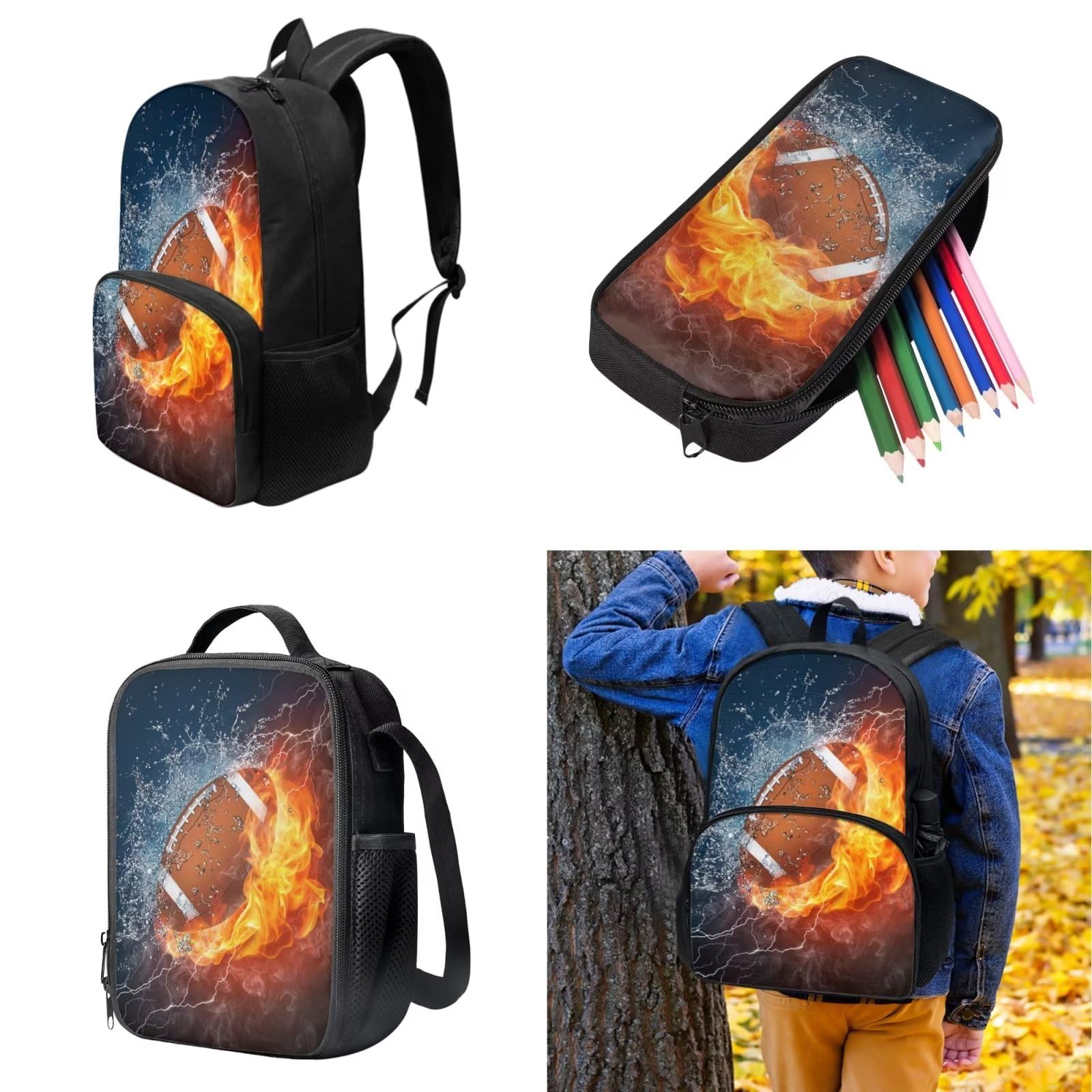 POLERO Juego de 3 bolsas escolares con impresión 3D para el almuerzo, estuche para lápices, Rugby, Talla única, Mochila infantil