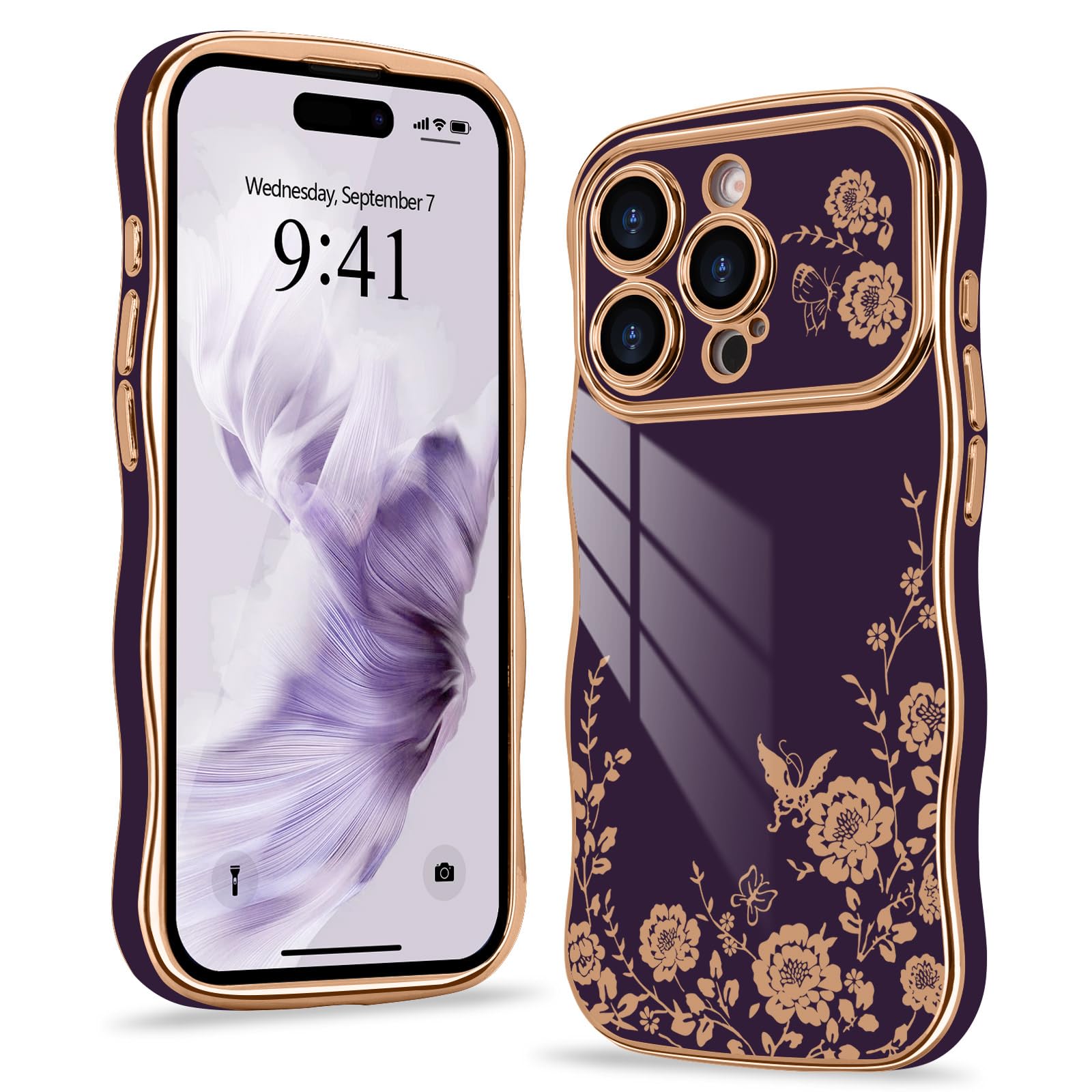 Wirvyuer Kompatibel mit iPhone 15 Pro Hülle Wellen Lockige Form,Dunkellila | Handyhülle mit Schmetterling- und Blumenmuster, Galvanische Schutzhülle für Mädchen und Frau, Silikon Flower Case Girls
