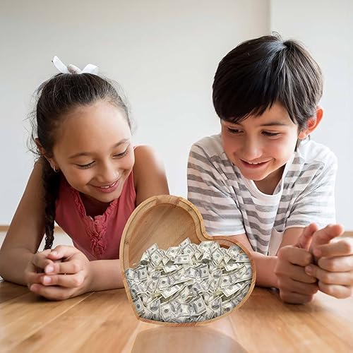 Miniatura 7 de STOBOK Alcancía de madera, caja de dinero irrompible con forma de corazón, caja de ahorro de dinero para niños y niñas, regalo de cumpleaños,
