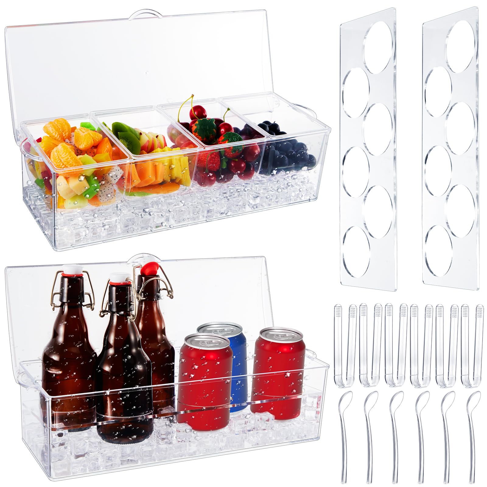 2 Sets Ice Chilled Condiment Organizer with 4 Removable Compartments Condiment Tray with Ice Chamber Tray Caddy for Drinks Including 6 Pcs Serving Tongs 6 Pcs Serving Spoons for Bar Kitchen