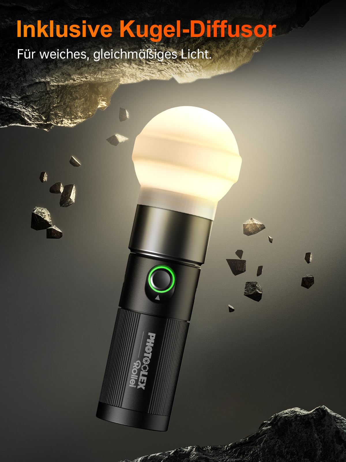 Rollei Photoolex GOBO Light, LED Taschenlampe Fotografie mit 4 Farbiges Fülllicht und 19 GOBO Aufsätze Video Licht mit Eingebaut Akku 8400 mAh und Diffusor, Taschenlampe-Fotografie-Video-Licht-RGB