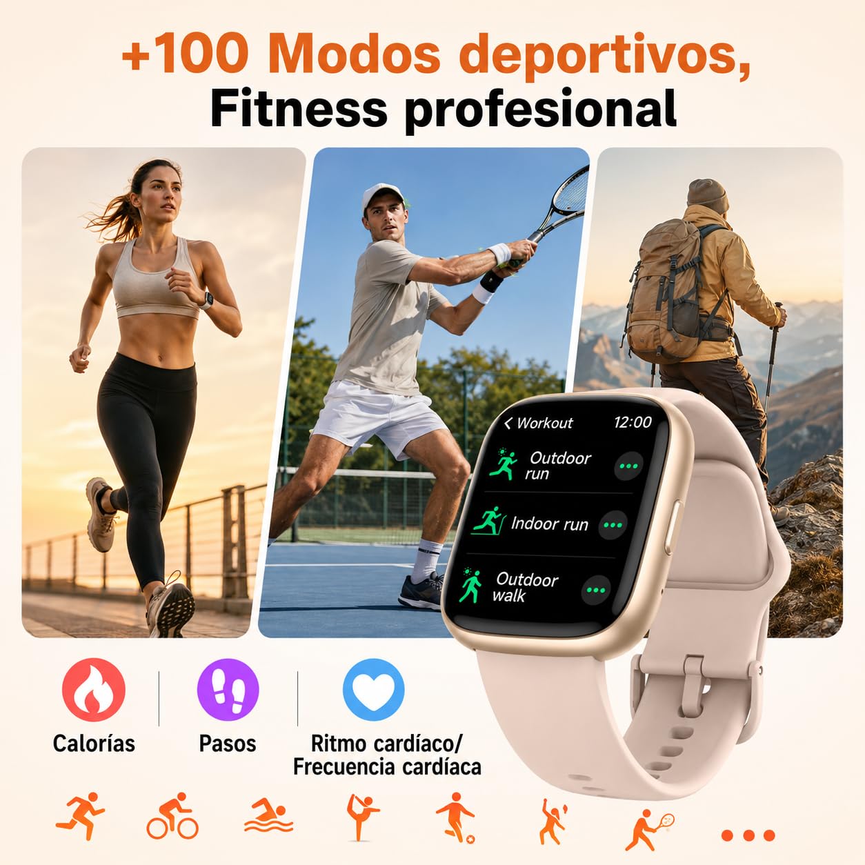 VRPEFIT - Smartwatch Hombre/Mujer, notificaciones Whatsapp, Pantalla táctil 1.8" HD, Llamadas Bluetooth, Ritmo cardíaco, SpO2, sueño, 100+ Modos Deportivos, IP68, Android/iOS