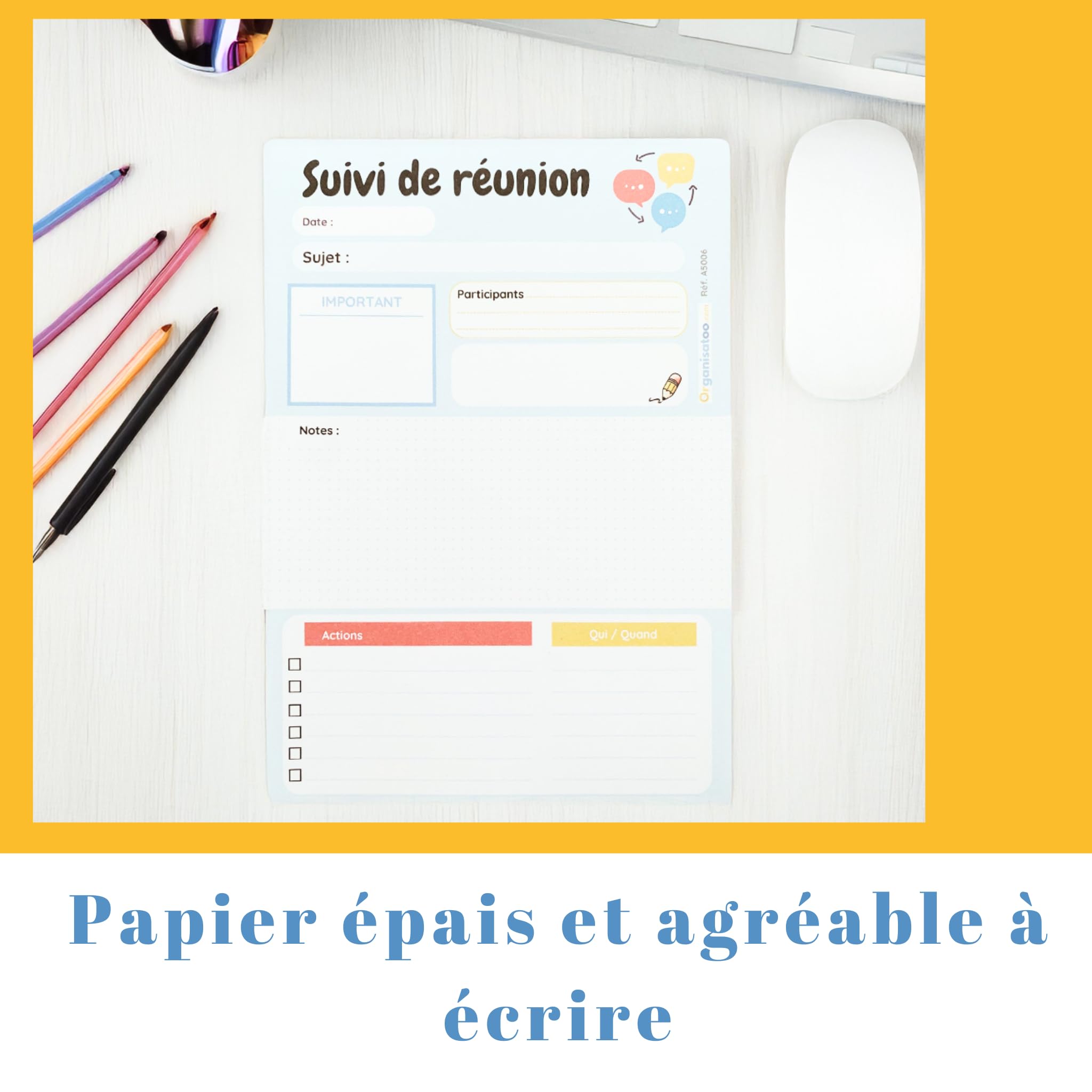 Bloc-notes suivi de réunion A5 50 pages détachables pour équipe managers entrepreneurs