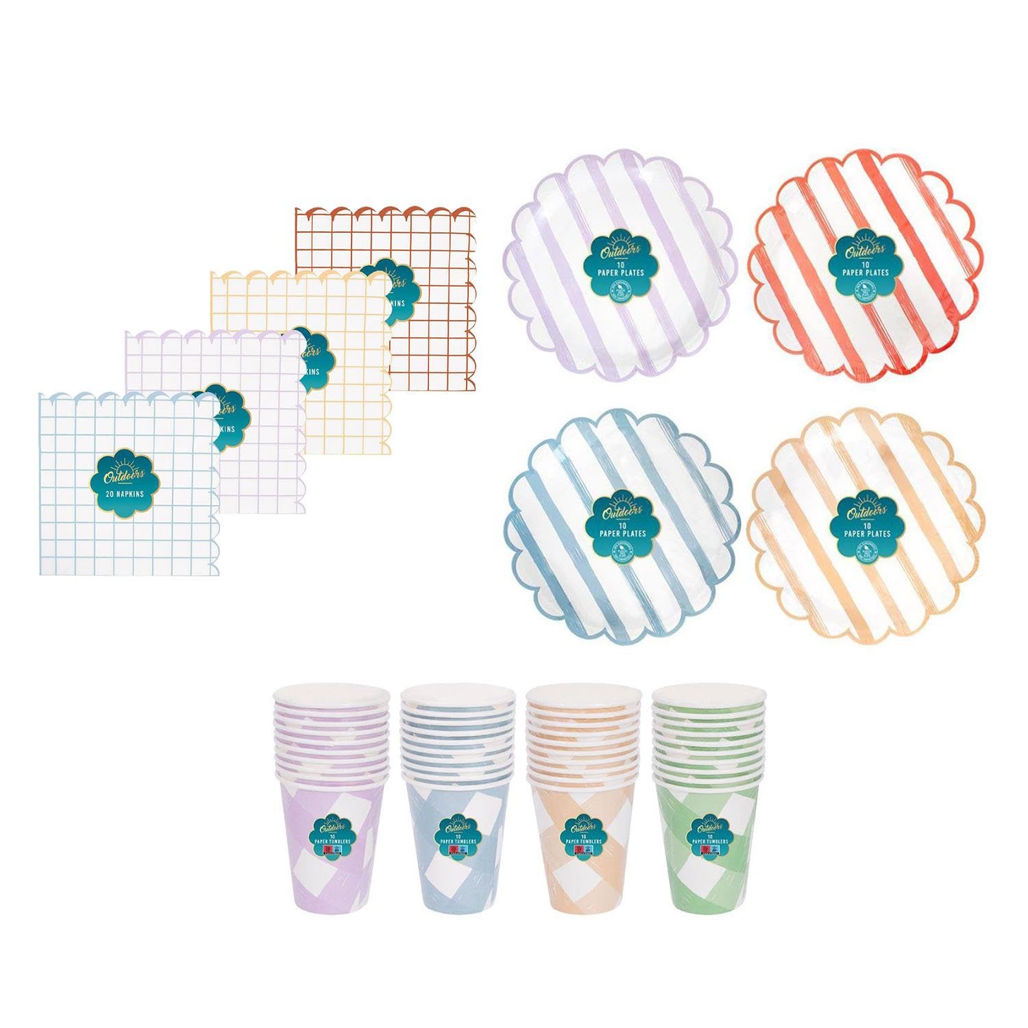 Yöl Plates, Napkins ,Cups Disposable Paper Summer Bbq Picnic Set Scalloped Themed Party Dining Cups Plates Napkins Tumblers Garden