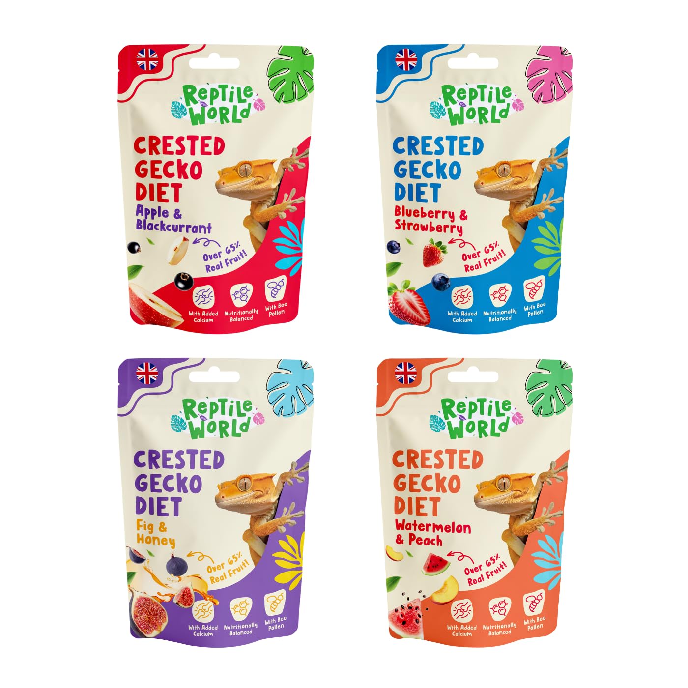 Reptile World Crested Gecko Diet 4pk (240g) | Blueberry & Strawberry, Watermelon & Peach, Fig & Honey, Apple & Blackcurrant, Complete Food for Geckos, All Natural, 65% Real Fruit