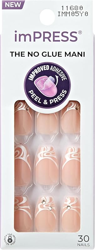KISS imPRESS No Glue Mani 30 piezas de uñas a presión, fácil aplicación, eliminación sin complicaciones, simple despegar y presionar, herramientas esenciales incluidas, almohadilla de preparación, hoja de instrucciones, 1 barra de manicura, 1 mini lima (Coy)