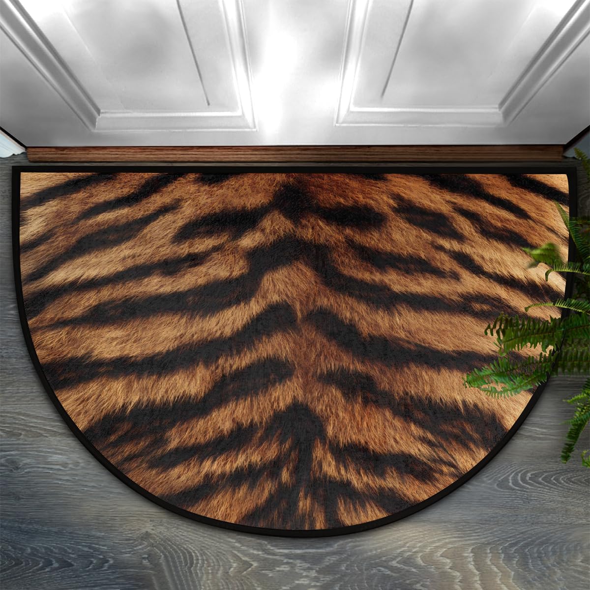Vintage Tiger Print Half Round Door Mat Indoor Entrance, Animal Skin Print Non Slip Absorbent Doormats, 24 x 36 Wear Resistant Semi Circle Floor Mats Area Rugs for Home Kitchen Patio
