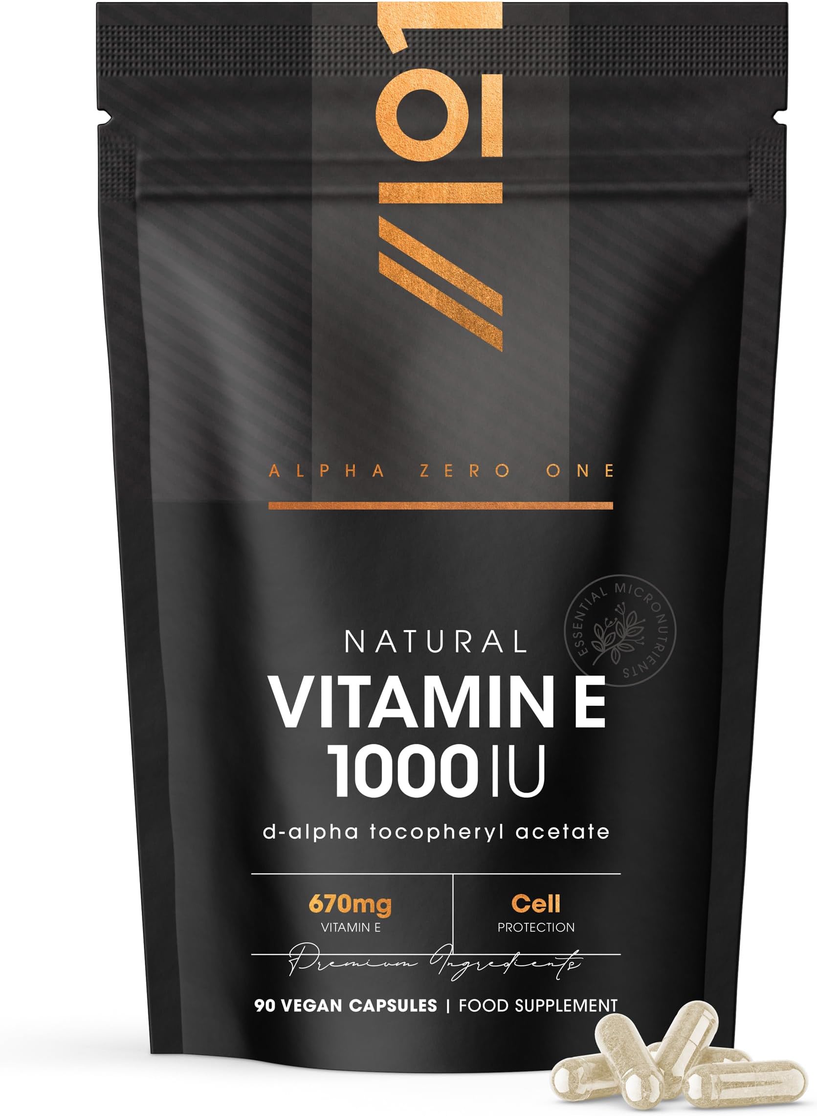 Vitamin E 1000IU D-Alpha Tocopherol – 100% Natural Vitamin E – 90 Vegan Capsules – Highly Absorbable – 3 Month Supply – Protects Cells from Oxidative Stress – By Alpha01
