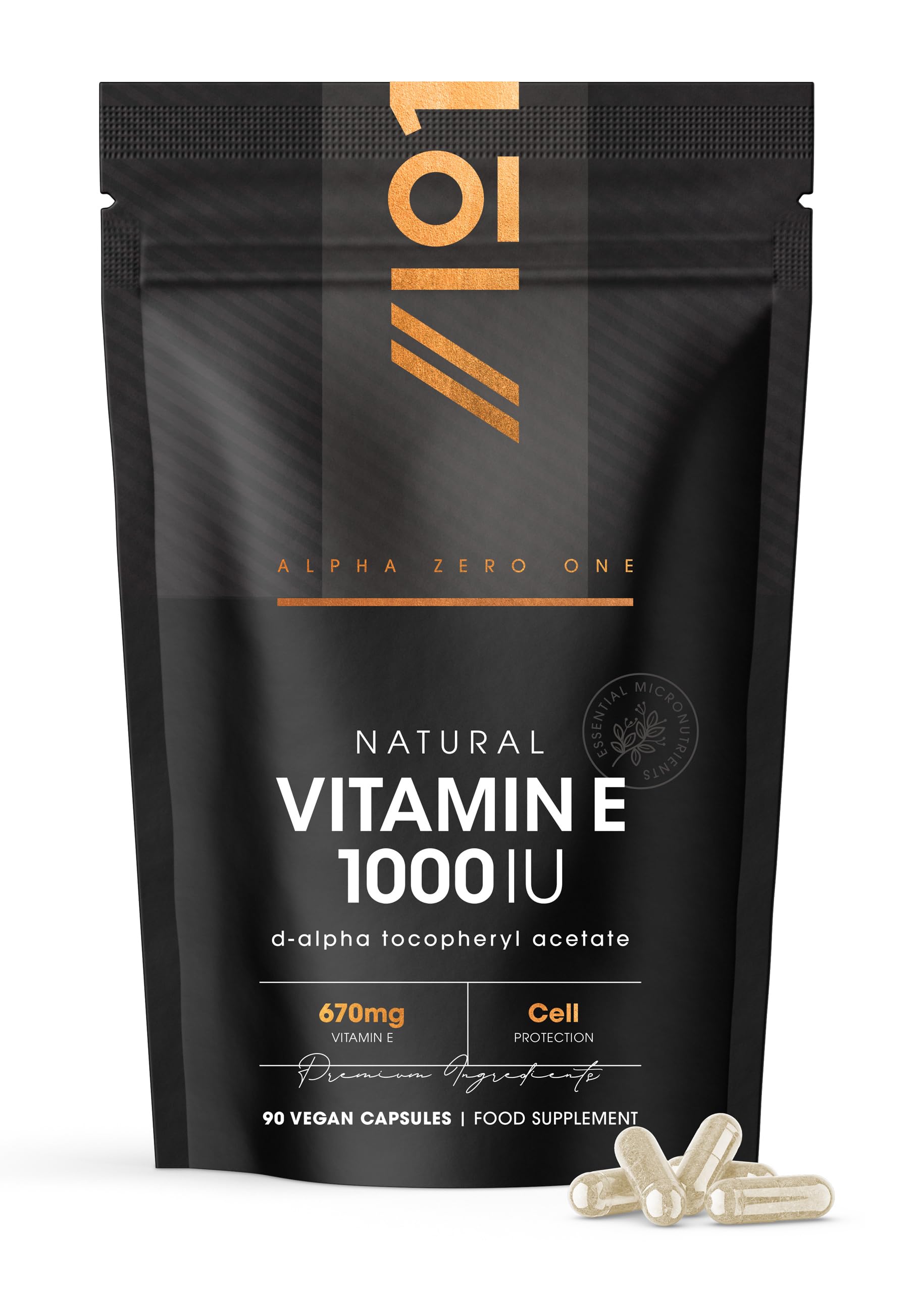 Vitamin E 1000IU D-Alpha Tocopherol – 100% Natural Vitamin E – 90 Vegan Capsules – Highly Absorbable – 3 Month Supply – Protects Cells from Oxidative Stress – by Alpha01