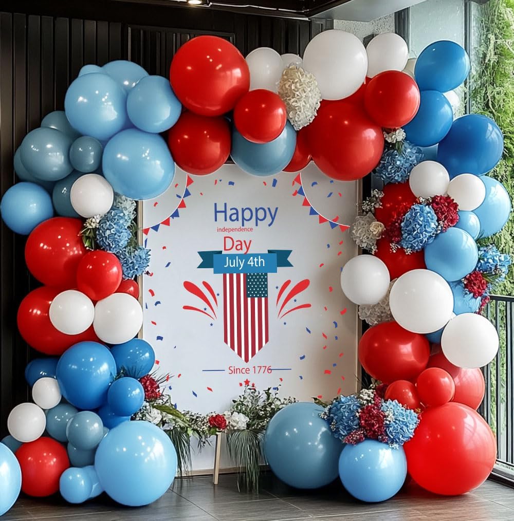 Red Blue White Balloon Arch Double Stuffed Navy Royal Dusty Blue Ruby Red Balloon Garland Kit with Latex for Birthday Baseball Baby Shower Nautical Graduation Veterans Day Party Decoration