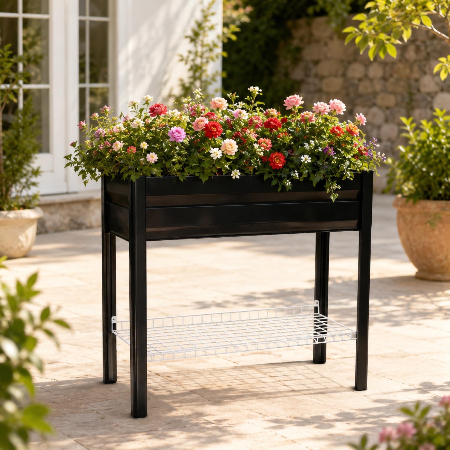 Jardinera Elevada con Estante Inferior Y Cuba Profunda Galvanizada, Bancal Alto para Terraza Y Cercas, Huerto Urbano para Espacios Residenciales Y Comerciales,Gris,100 * 40 * 80cm