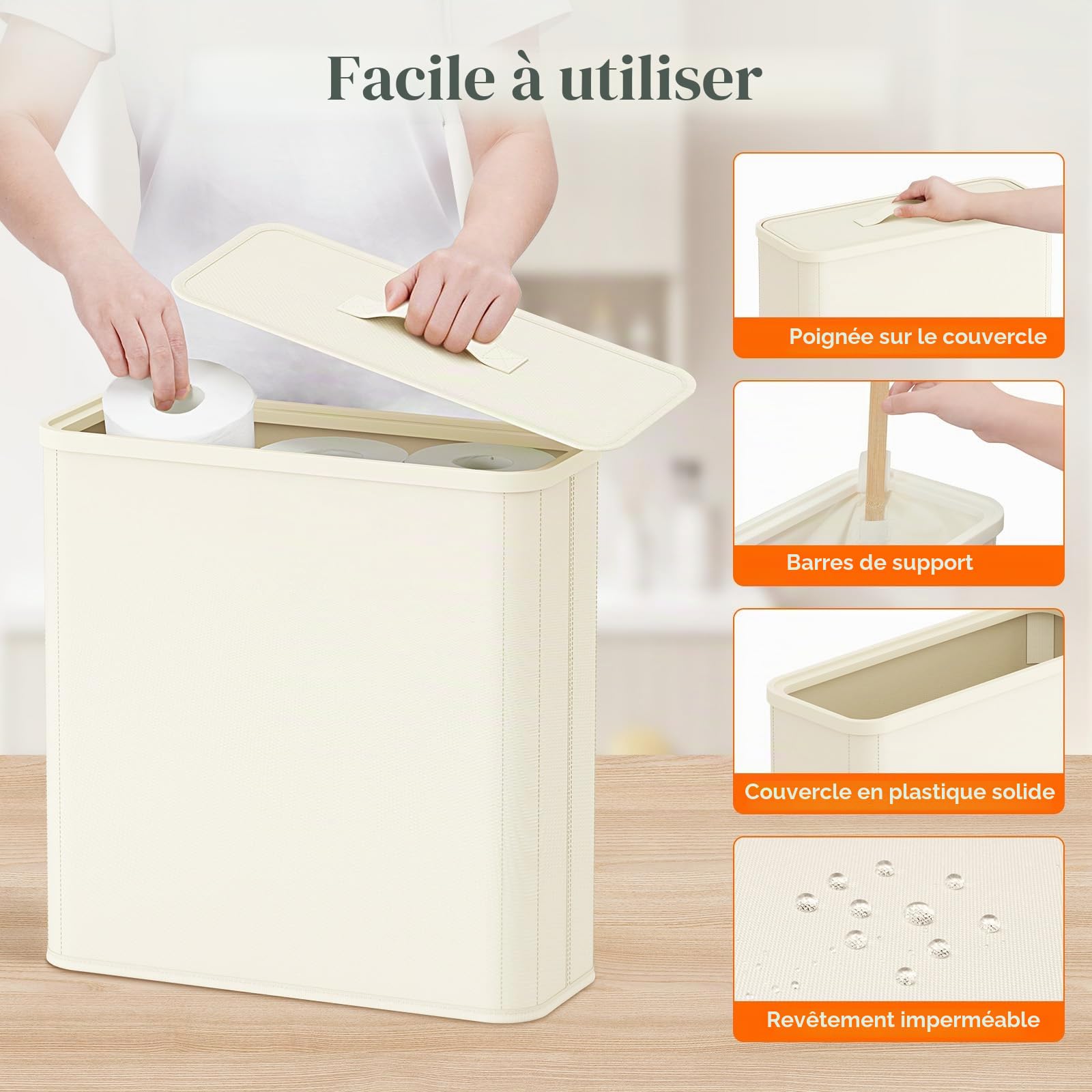 Lifewit Rangement Papier Toilette avec Couvercle, Réserve de Papier WC, Boîte de Rangement Salle de Bain en Tissu pour Rouleaux et Serviettes, Accessoires Toilettes, 30L, Blanc Crème