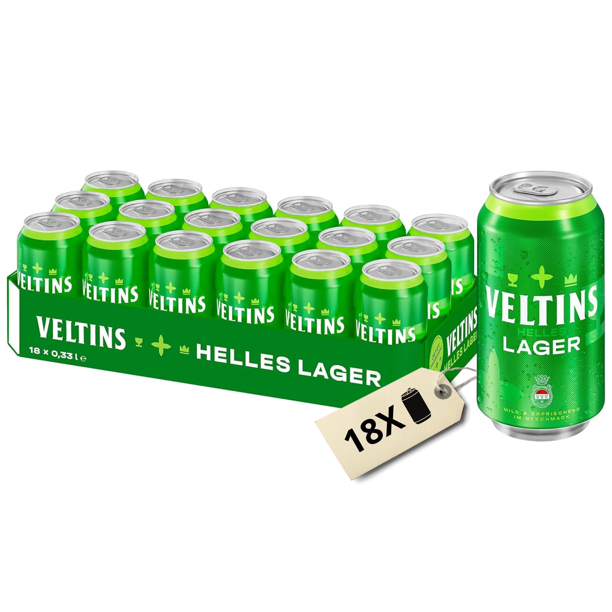 VELTINS Helles Lager – Mild & Süffig – 18 x 0,33 l Dosenbier (EINWEG) – Helles Bier mit moderner Leichtigkeit – 5 % vol. Alkohol – Brautradition in neuem Design