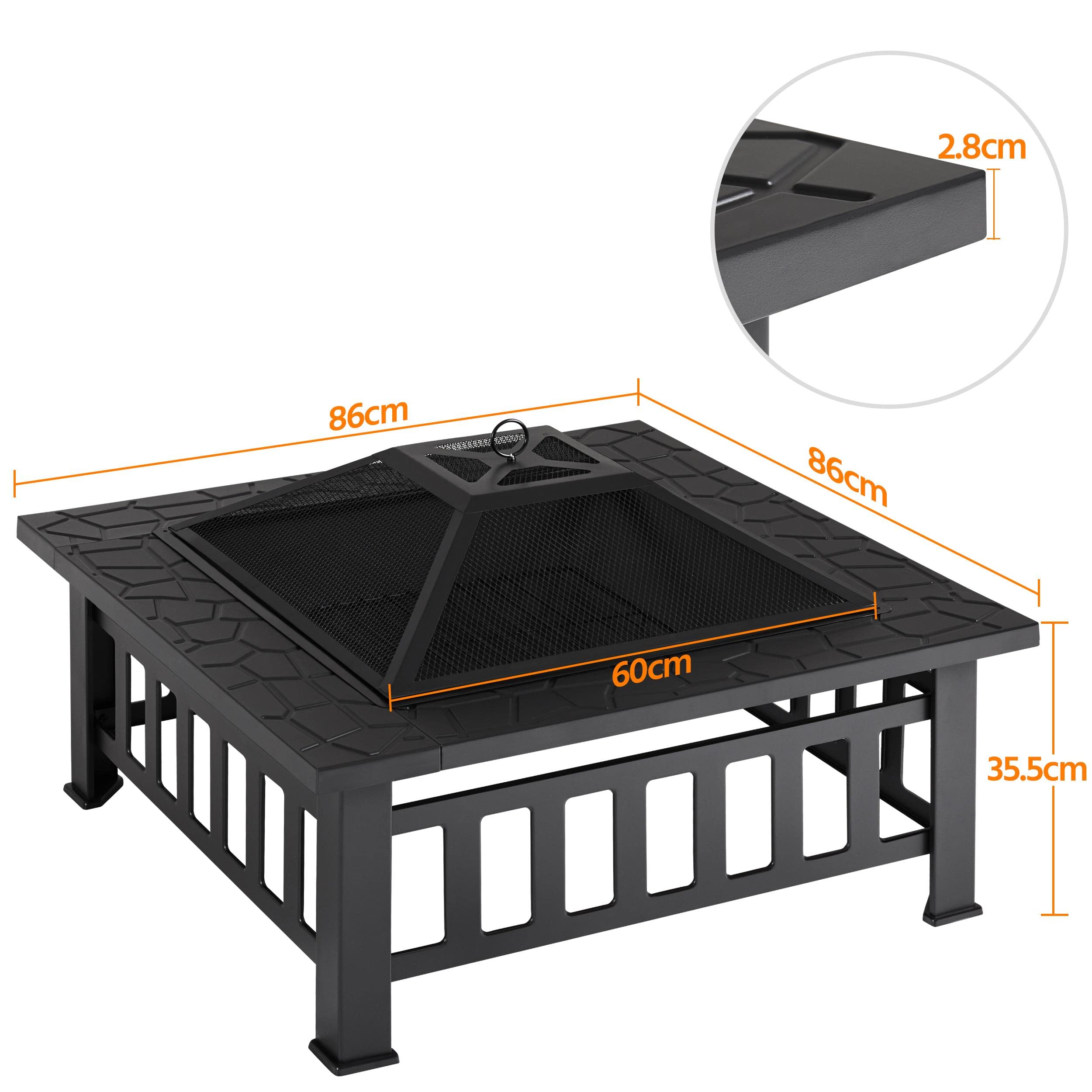 Yaheetech Palenisko z ochroną przed iskrami, 86 x 86 x 54 cm, 3 w 1, wielofunkcyjny kosz paleniskowy z pokrywką i pogrzebaczem Fire Pit palenisko outdoorowe do ogrodu/tarasu/na kemping/imprezę, kolor