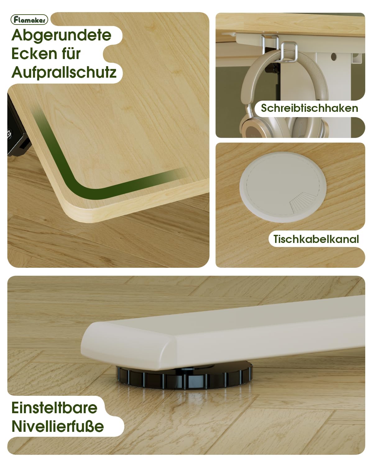 Flamaker Höhenverstellbarer Schreibtisch Ganze Tischplatte 110 x 53 cm, Schreibtisch Höhenverstellbar Elektrisch mit Memory Steuerung, Gaming Tisch mit Sitzende Erinnerung und USB-Aufladung (Beige)