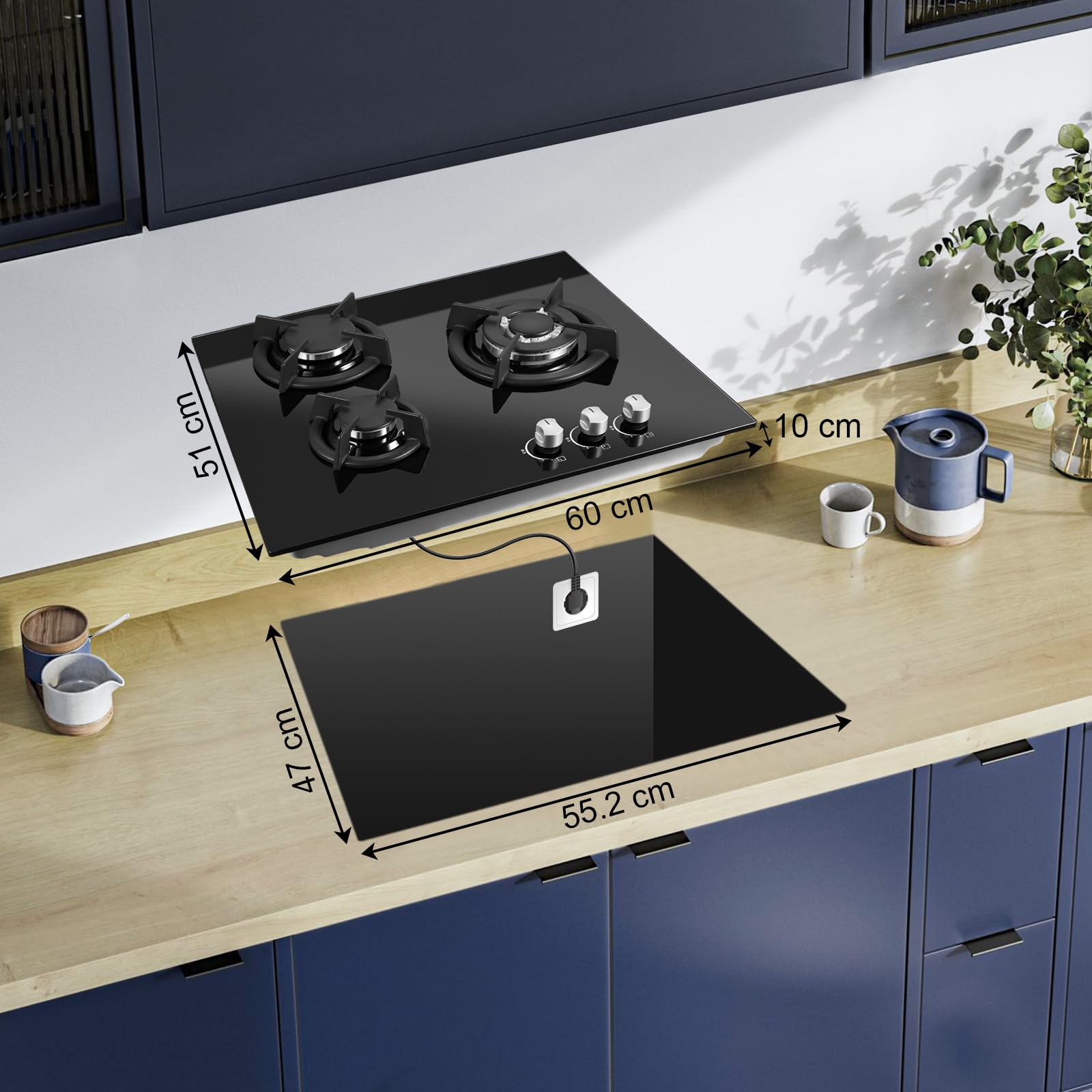 SNDOAS Piano Cottura Gas, Piano Cottura 3 Fuochi Gas Vetro con Protezione Automatica Della Fiamma, Gas Naturale e Gas Propano, Incorporato, Nero, 6180 W, 220-240 V