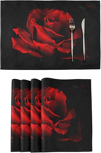 senya Juego de 6 manteles individuales para el día de San Valentín, románticos manteles individuales con rosas rojas para mesa de comedor y cocina,