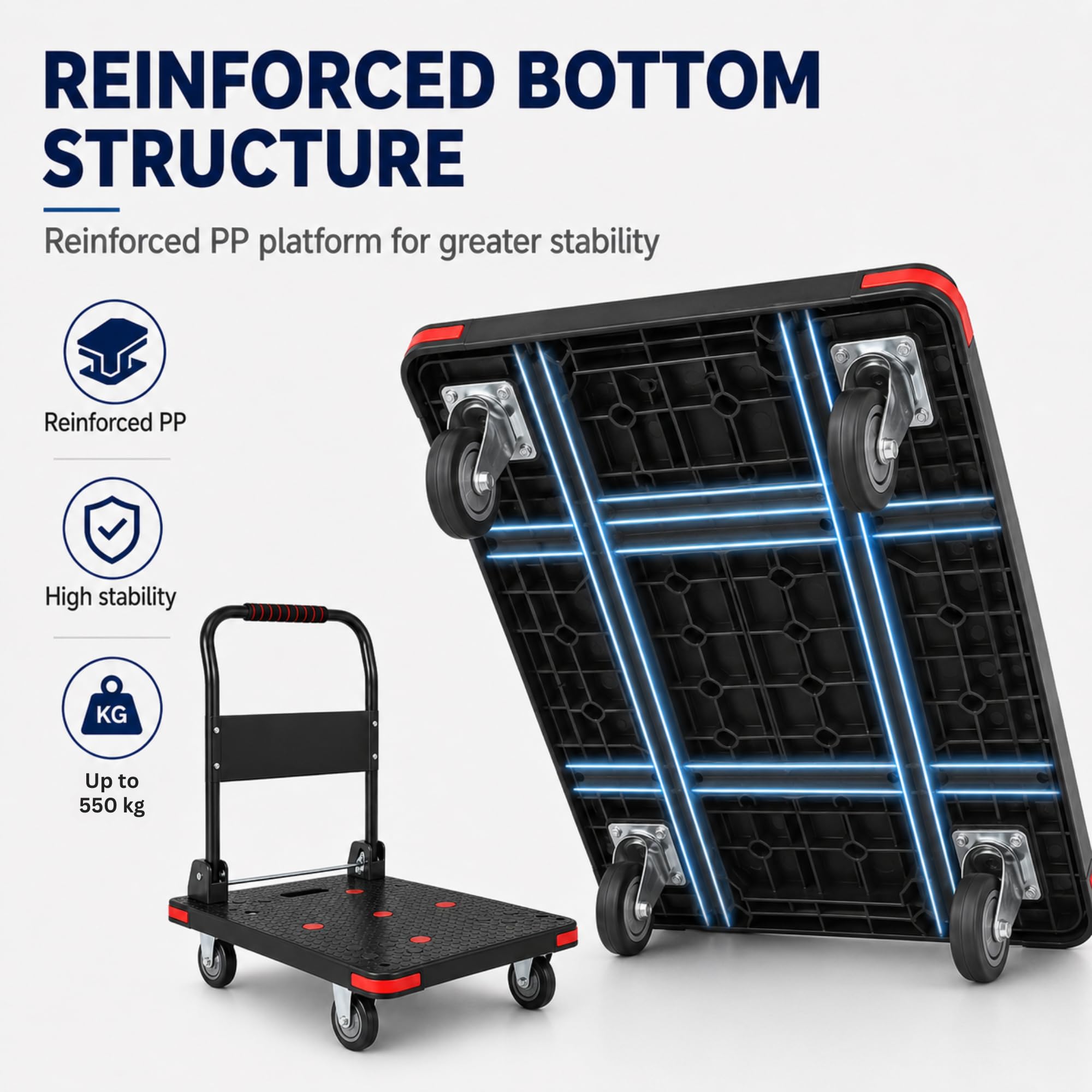 Carrello Piattaforma Pieghevole Supporta 550 kg Nero, Ruote TPR 5" | Carrello di Trasporto per Magazzino e Traslochi