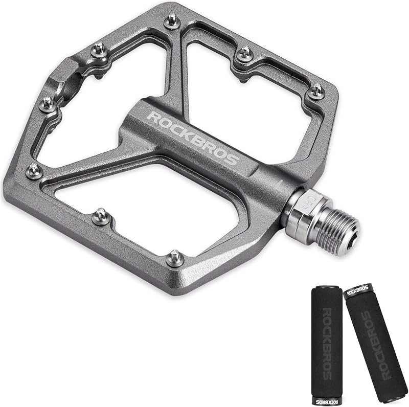 ROCKBROS Mountain Bike Pedals MTB Pedals Bicycle Flat Pedals Aluminum 9/16" with Bike Grips Foam Single Lock