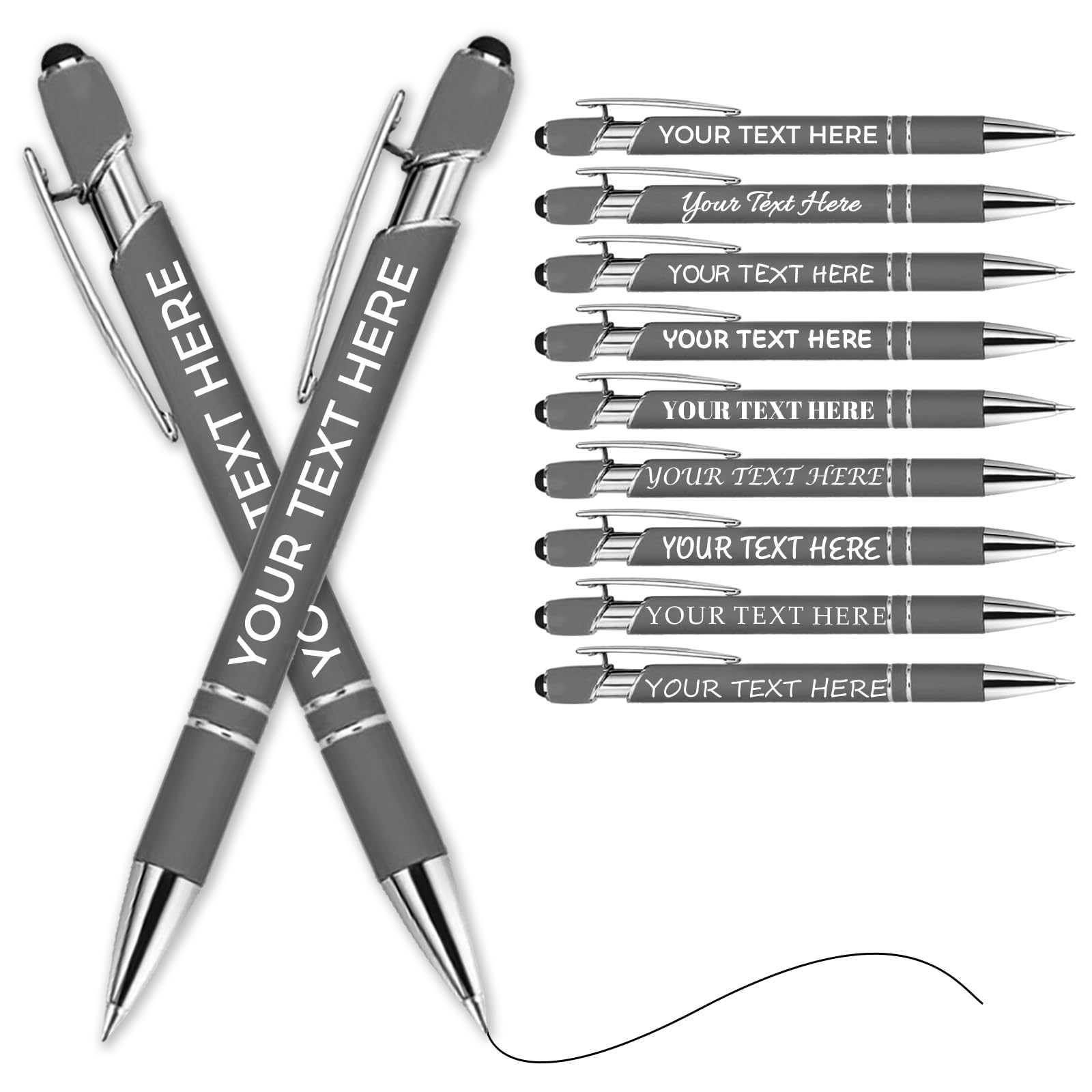 Personalised Pen Ballpoint Pens With Stylus,Customised Engraved Text Bulk Wholesale Pens - Ideal For Business Promotions, Schools, Company Event Giveaways, Personalised Gifts(Dark Gray,50Pcs)