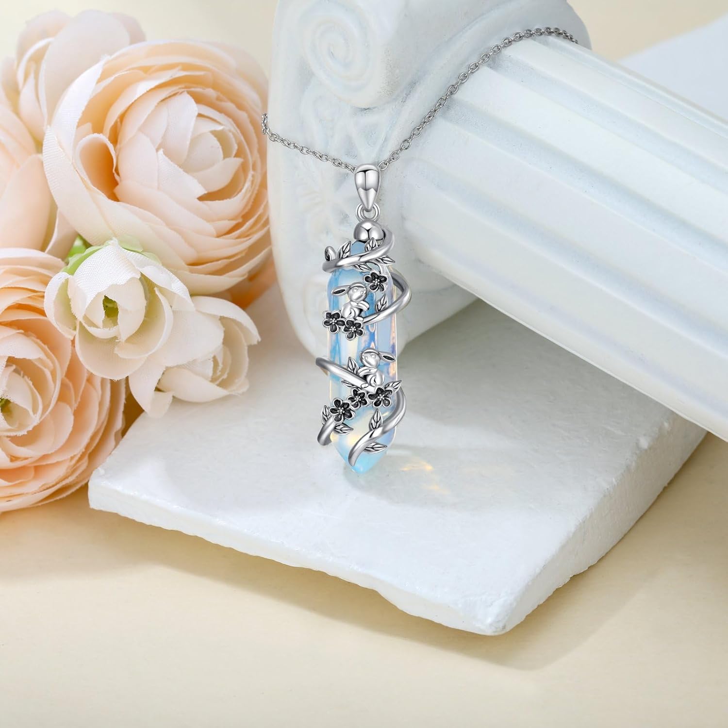 925 Sterling Silver Rabbit Necklace for Women Hexagonal Opal Gemstone Birthstone Pendant for Her Quartz Healing Crystal Reiki Jewelry for Mom Lover - Image 4