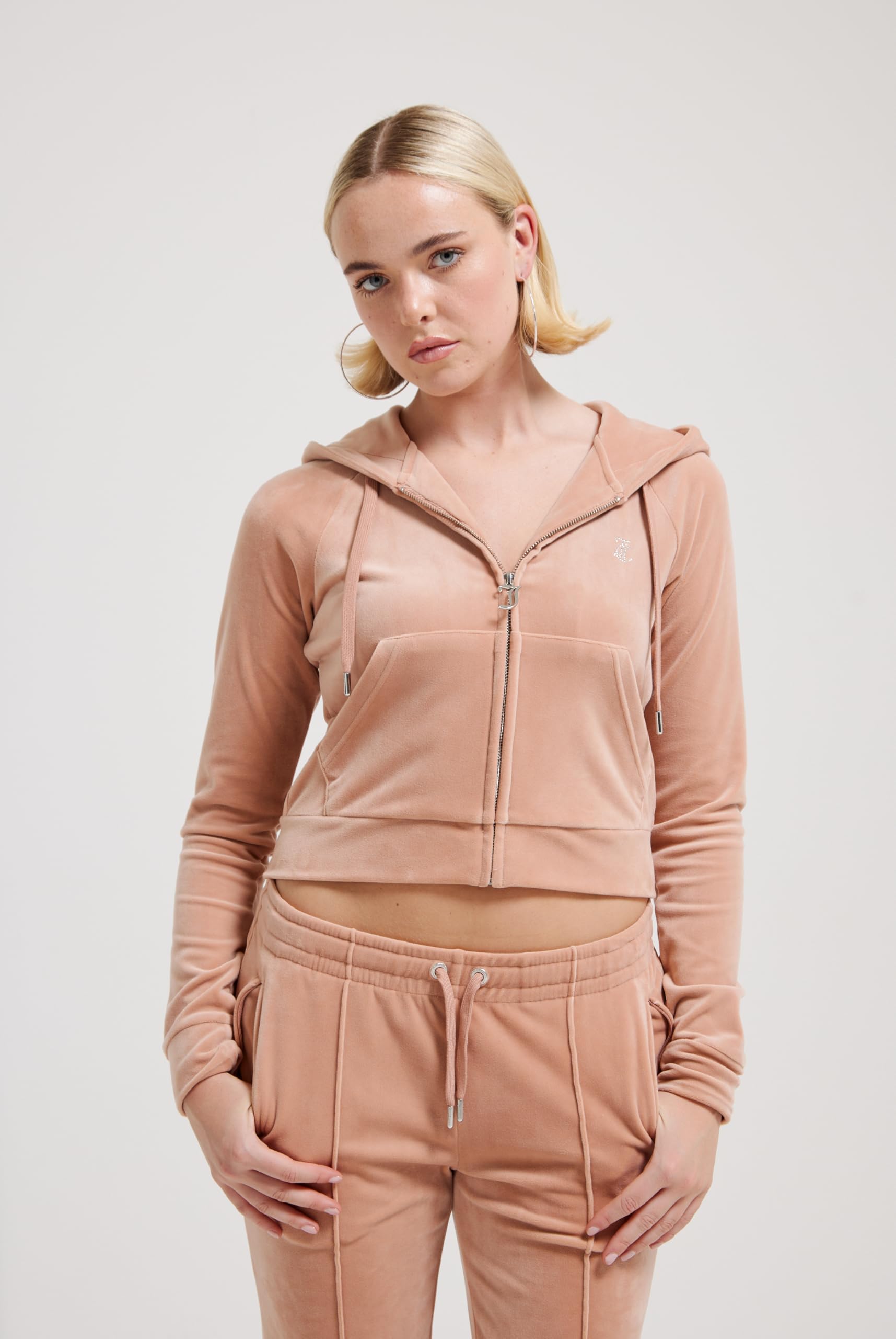 Klasyczna welurowa bluza z kapturem z logo Juicy, Café Au Lait, M