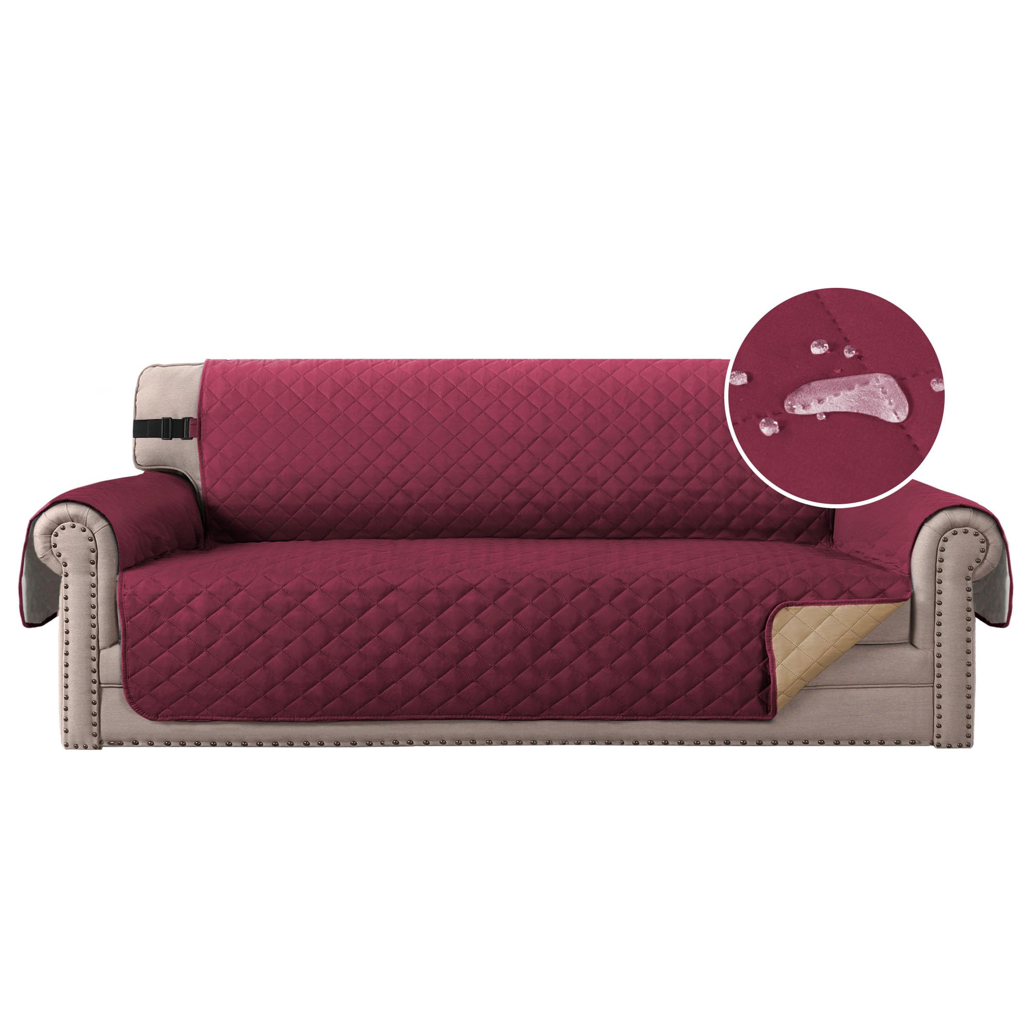 H.Versailtex Sofa Cover 4 Seater, Water Resistant Couch Covers for Pets, Sofa Slipcovers with 2" Wide Elastic Strap, Quilted Sofa Slipcover for Kids (Burgundy/Tan) โ image 1