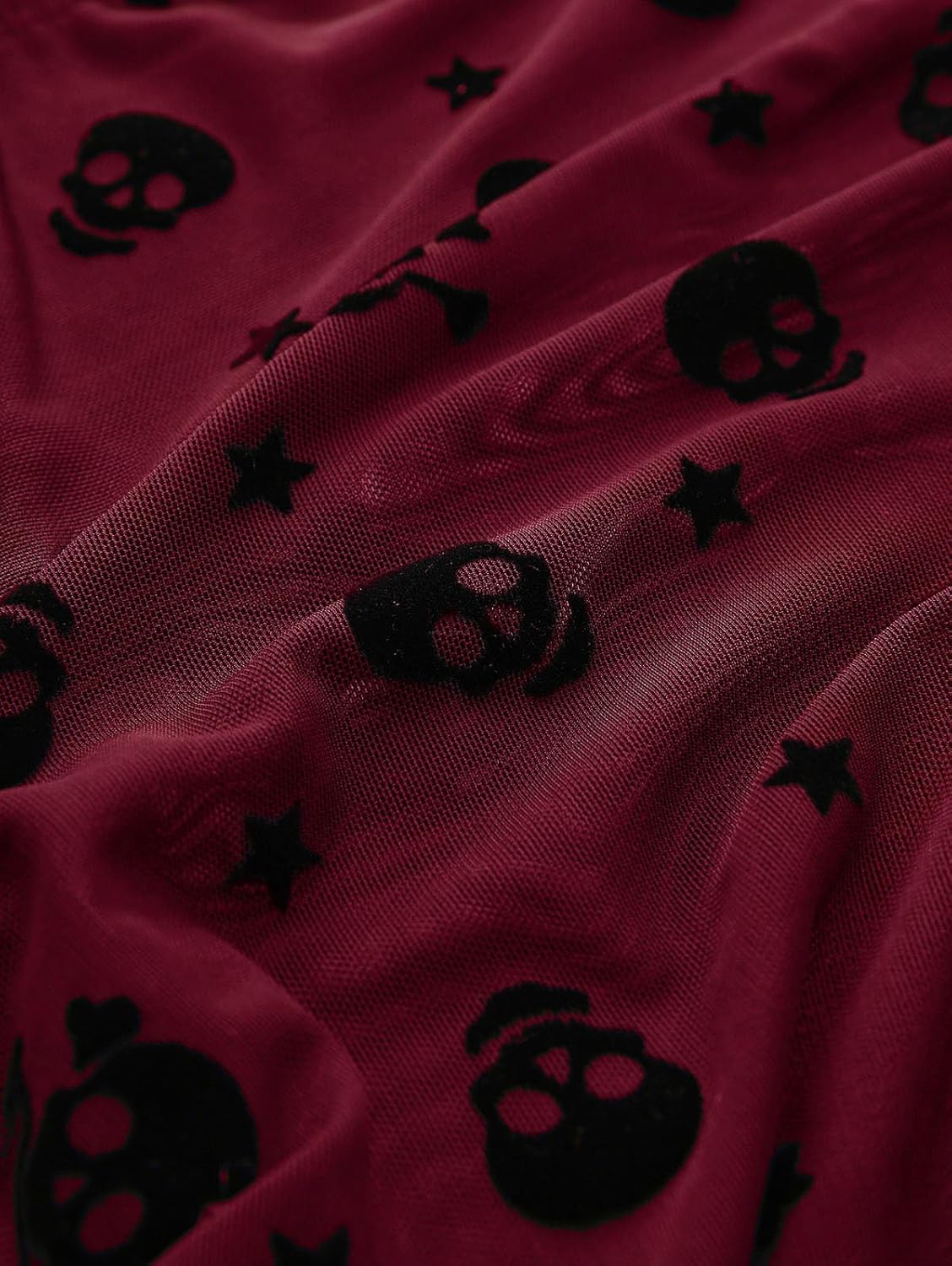 ROSE GAL Women Plus Size Gothic Blouse Skulls Mesh Flocking Flutter Sleeves Lace Up Crinkle Textured Goth Swing Top