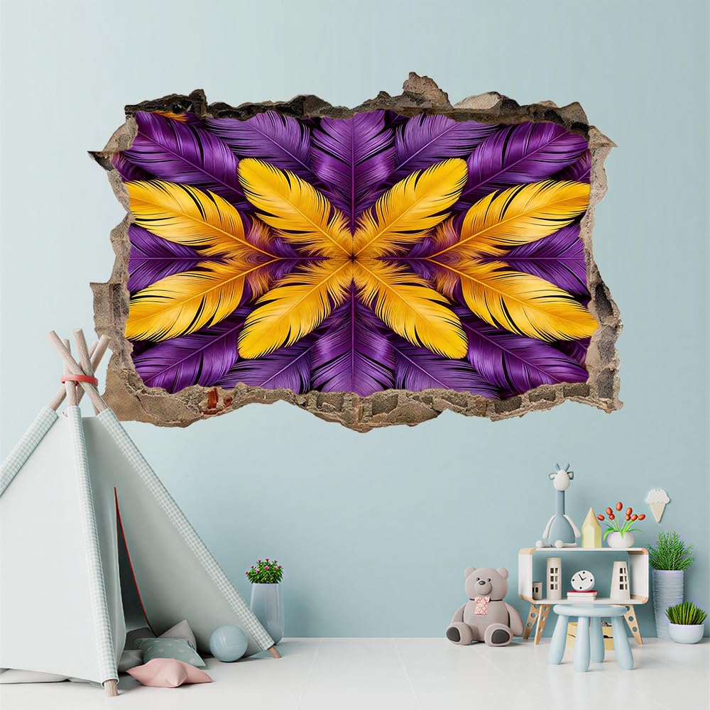 Decorazione da parete 3D, Piuma Stanza dell'autoadesivo della parete smontabile Giallo Viola per bambini Nursery Decorazioni