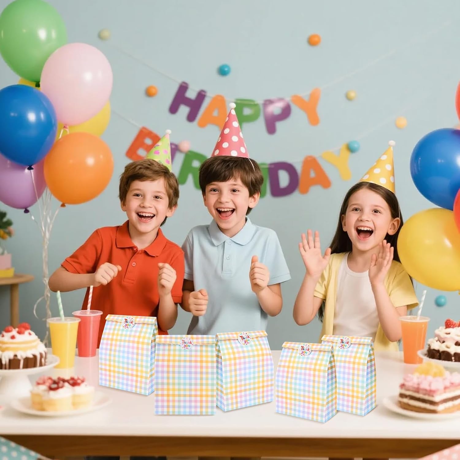 PHOGARY 50pcs Plaid Gift Bags Bulk, Colorful Pastel Checkered Party Favor Bags, Small Paper Gift Bag with Stickers, Treat Sweet Candy Goodie Bag for Birthday Party, Easter, Holiday - Image 5