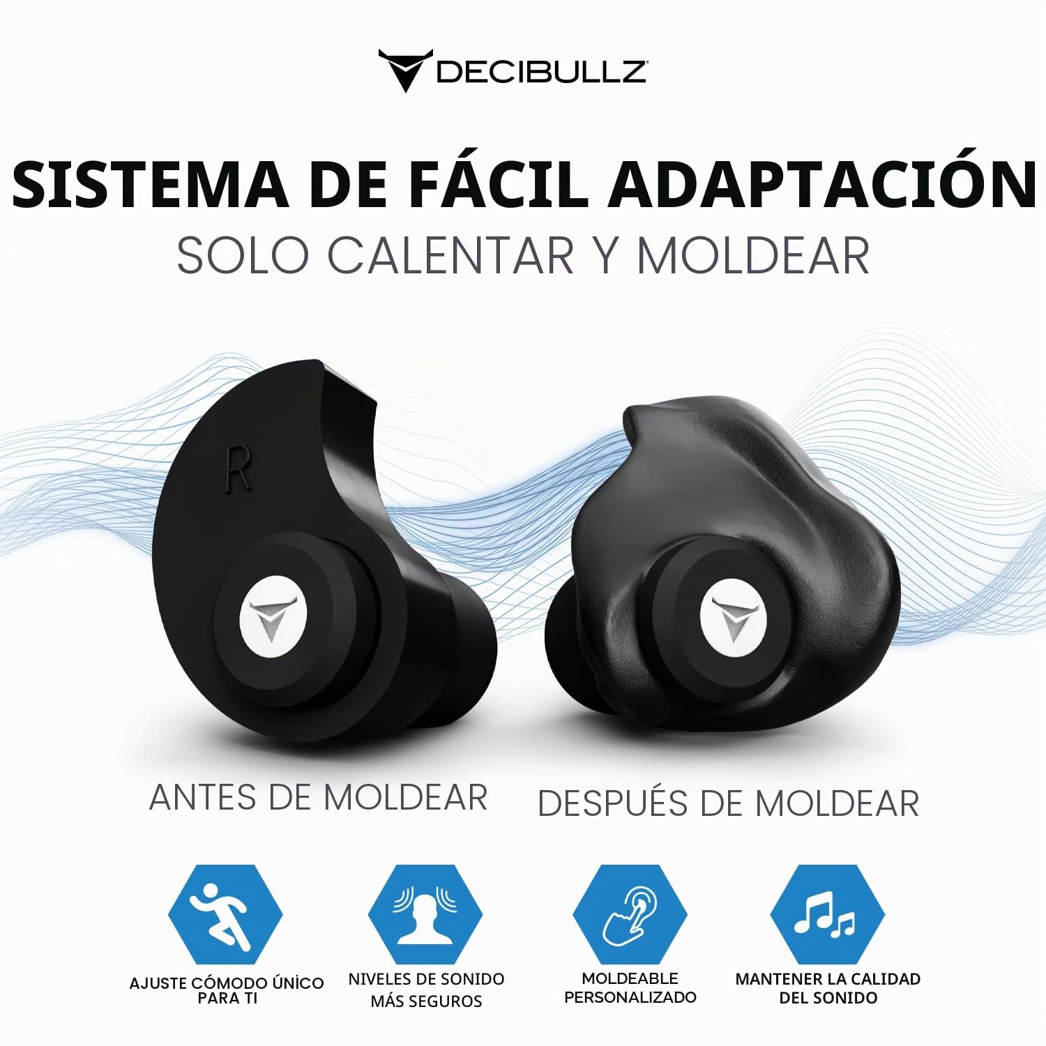 Decibullz Filtros de tapón para los oídos moldeados personalizados de alta fidelidad (Hi-Fi) para conciertos y eventos (negro)