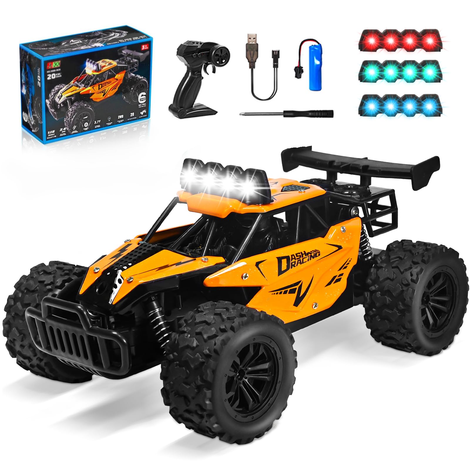 1:16 Scale Remote Control Car - 2.4GHz High Speed 20KM/H All Terrain RC Monster Truck Off Road with LED Headlights and Rechargeable Battery Xmas Gift for Adults Boys Age 8-12