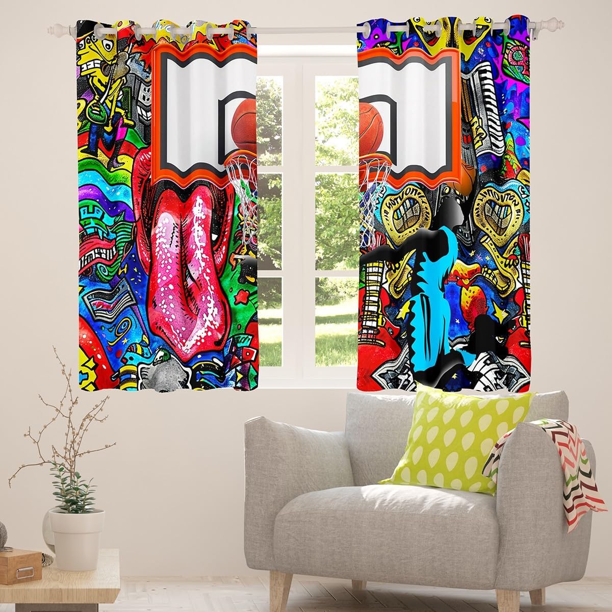 Basketball Window Curtains Teens Adult Women,Sports Gaming Blackout Curtains for Bedroom,Colorful Graffiti Draperies for Living Room,Hip Hop Style Window Treatment Curtains Set of 2 Panels,42Wx84L image 5