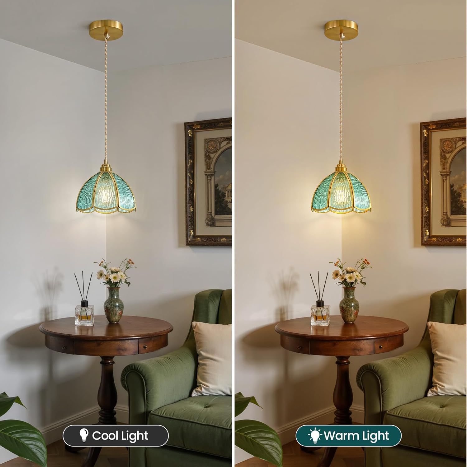 Adjustable Pendant Light for Kitchen Island with Blue Green Glass Shade - Vintage Farmhouse Hanging Light Fixture, Chandelier for Dining Room Hallway Entryway (1 Pack