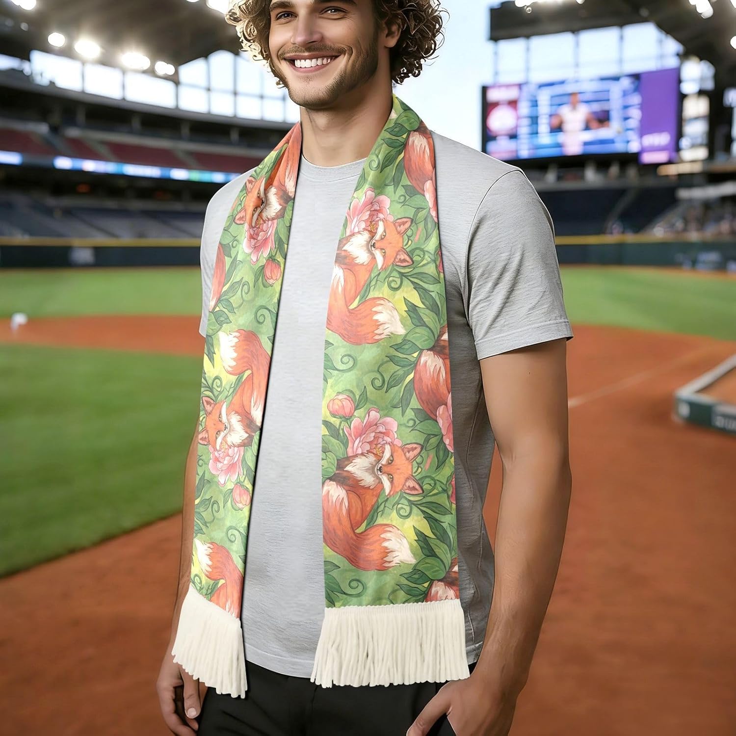 CHIFIGNO Cute Foxes Flowers Green Sports Fan Scarf for Soccer Games, 100% Polyester Sweat Towel Wrap with Fringe Ends, Quick Dry Cheering Banner