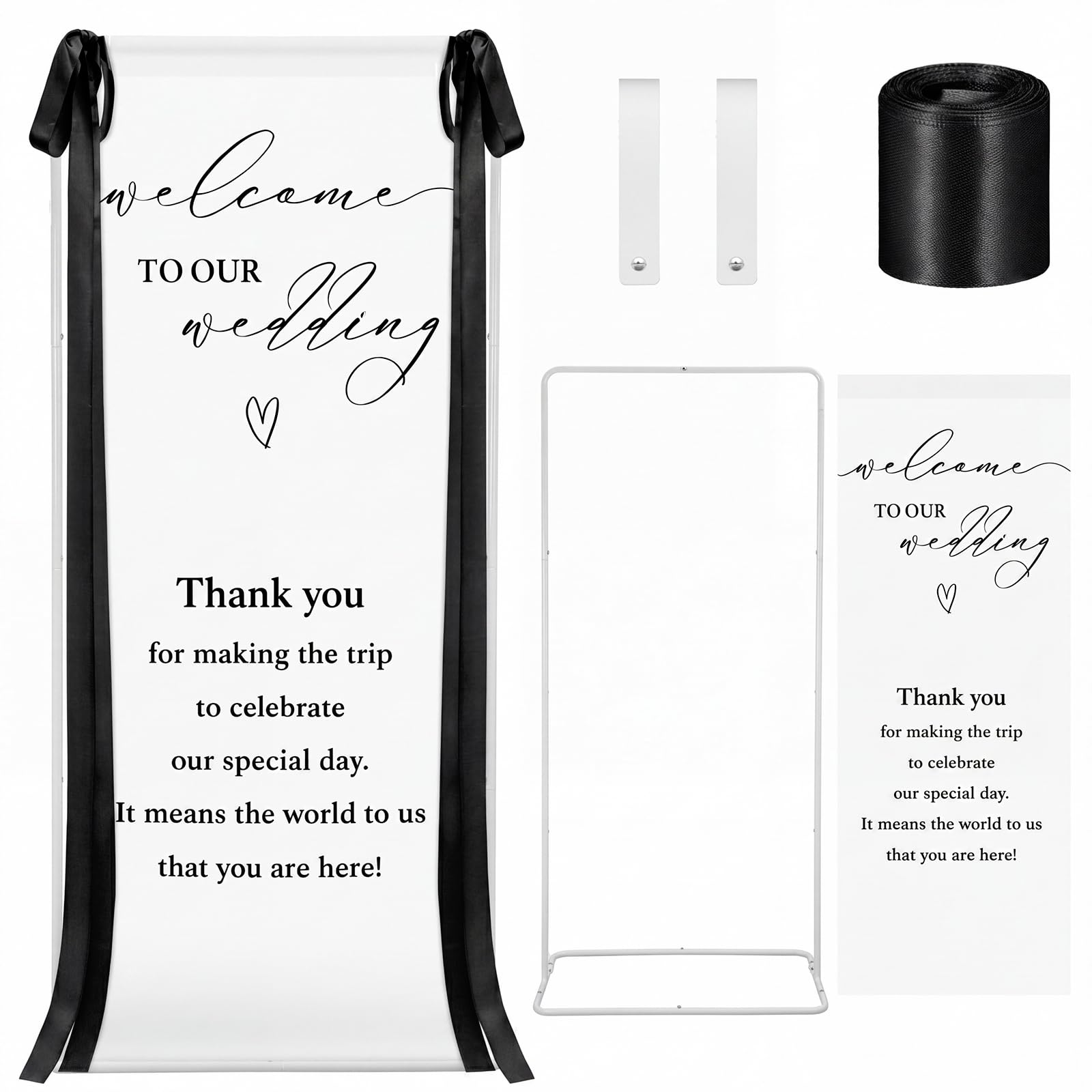 Photo 1 of Lumina Garden Black Wedding Welcome Sign Stand With Linen Sign with Satin Ribbon Adjustable Easel Stand Bridal Shower Welcome Decoration for Garden Ceremony Lawn Outdoor Indoor