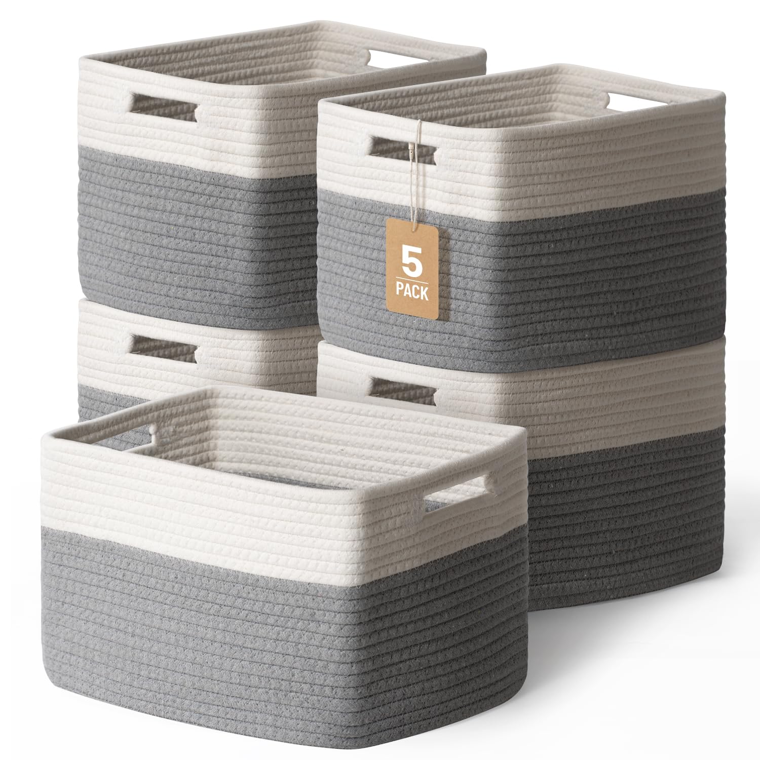 5 Pack Woven Storage Baskets for Shelves, Decorative Basket Closet Organizer Storage Bins for Clothes, Books, Pantry, Bathroom – Cotton Rope Shelf Baskets for Organizing and Decor, Gray & White