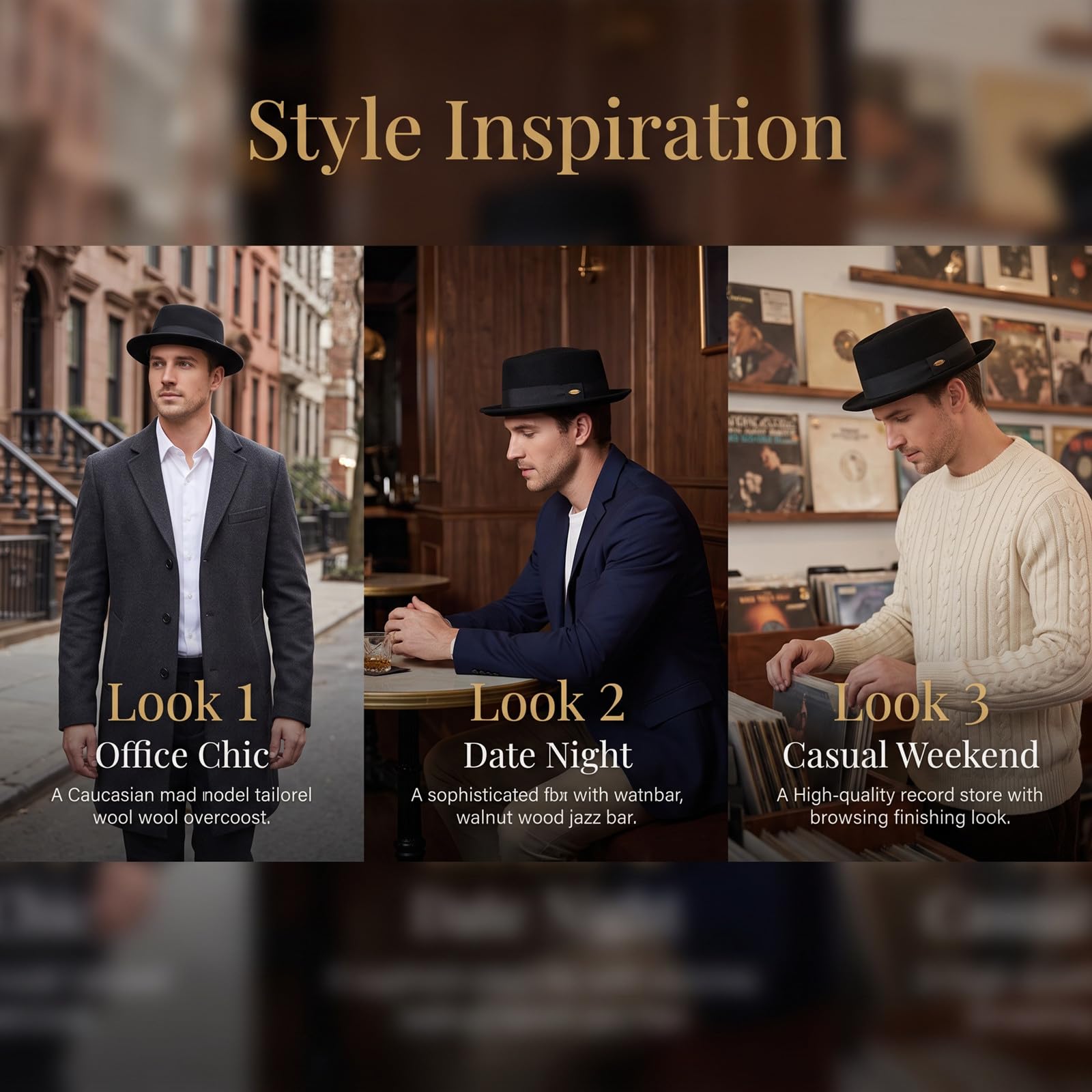HEYANN Wełniany kapelusz wieprzowy dla mężczyzn i kobiet – krótki daszek Fedora w stylu lat 20. XX wieku melonik zimowa ciepła filcowa czapka vintage męska wieprzowina czapki Fedora M (56-58 cm)