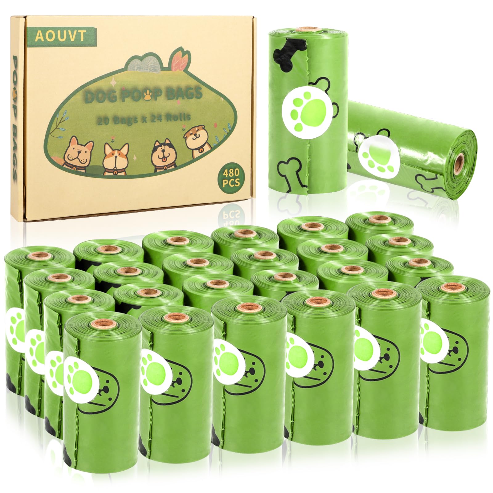 AOUVT Bolsa de Caca, 24 Rollos (480 bolsas), Bolsa de Caca de Perro, Bolsa de Caca de Perro Engrosada, Bolsa Impermeable para Caca de Perro, Duradero y Resistente al Desgarro（Verde）