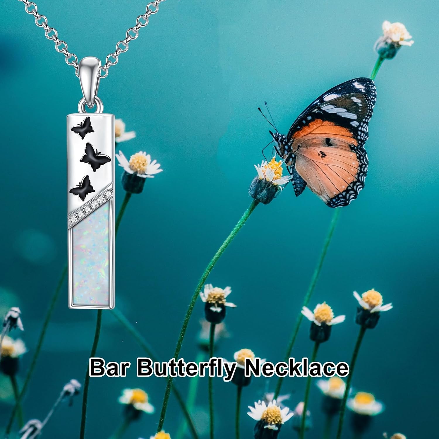 Bar Necklace for Women 925 Sterling Silver Butterfly Dragonfly Tree of Life Paw Print Pendant Necklace White Opal Jewelry Gift for Birthday Christmas
