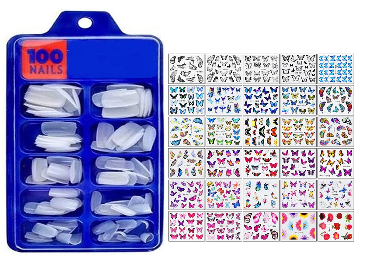 Artificial Nails Set with Glue 100 Pcs Acrylic Fake Nails with 3g Nail Glue and Nail Art Sticker