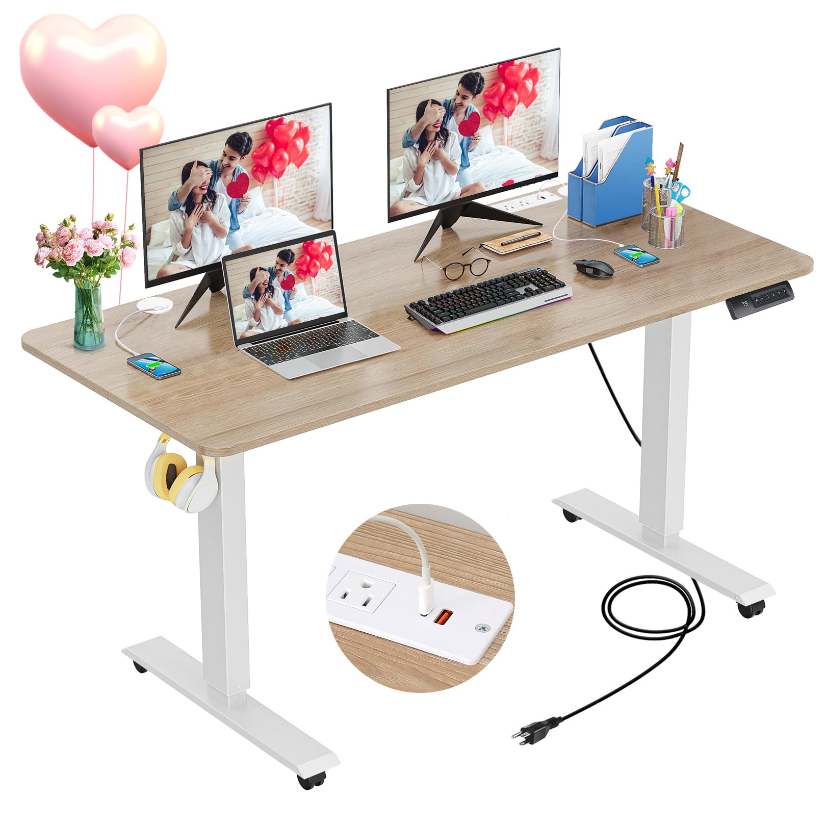 farexon 48 x 24 inch Standing Desk Electric Adjustable Height with Charging Station, Stand up Desk with Wheels, Preset Heights Home Office Gaming