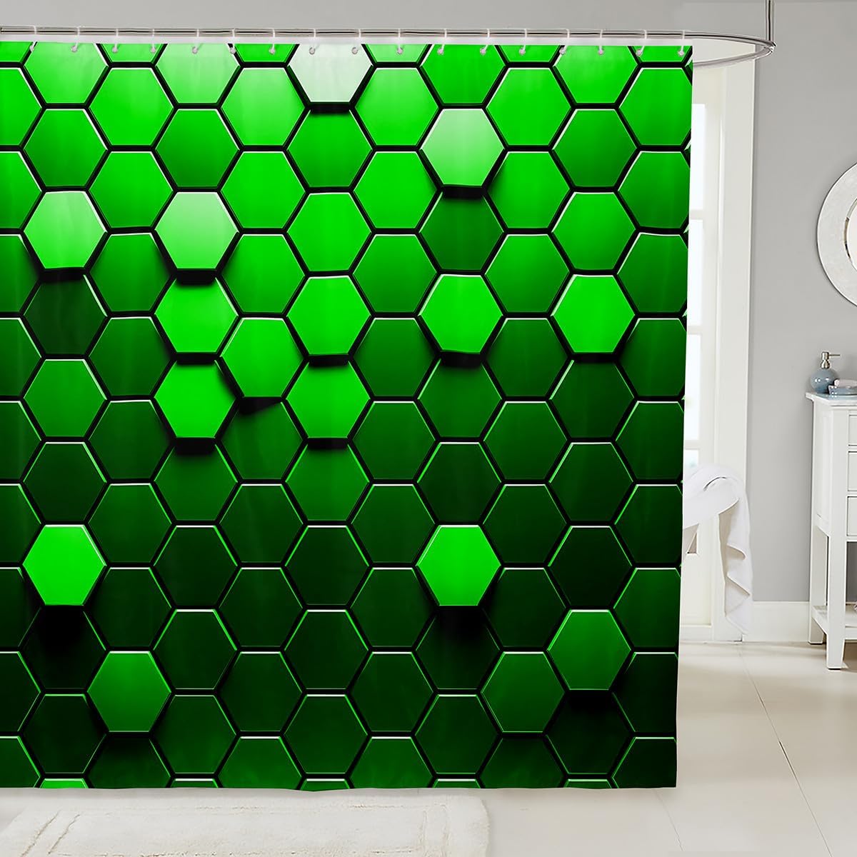 Feelyou Green Geometric Honeycomb Shower Curtain for Girls Boys Geometrics Hexagon Bathroom Shower Curtain Set Beehive Hexagon Bath Curtain Geometrical Kids Bathroom Accessories 72"x78"