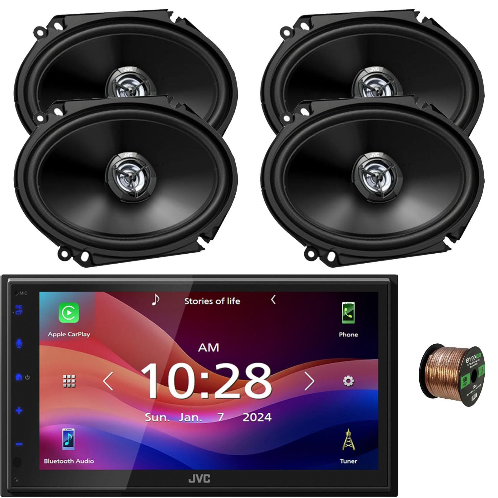 JVC KW-M590BT Double DIN 6.8" Capacitive Touchscreen Digital Media Bluetooth USB/AM/FM Radio Receiver Bundle Combo with Two Pairs (Qty 4) 6x8 300W Max Power 2-Way Coaxial Car Audio Speakers W/Wire